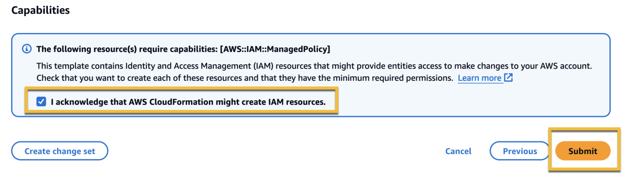Figure 3: The following screenshot shows the check box that says “I acknowledge that AWS CloudFormation might create IAM resources”
