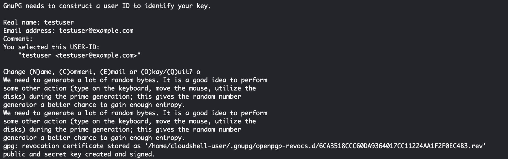 Figure 8: The following screenshot shows the correct testuser input information for the gpg –full-generate-key command