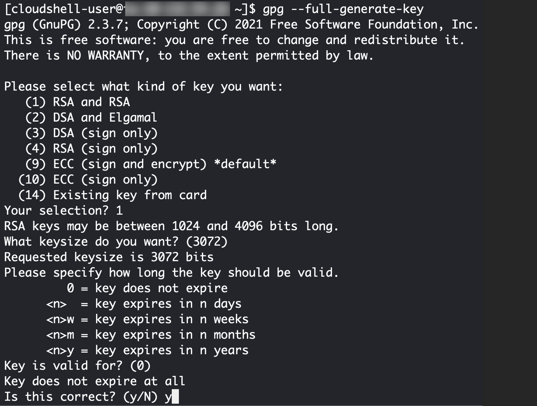 Figure 7: The following screenshot shows the output of the gpg –full-generate-key command