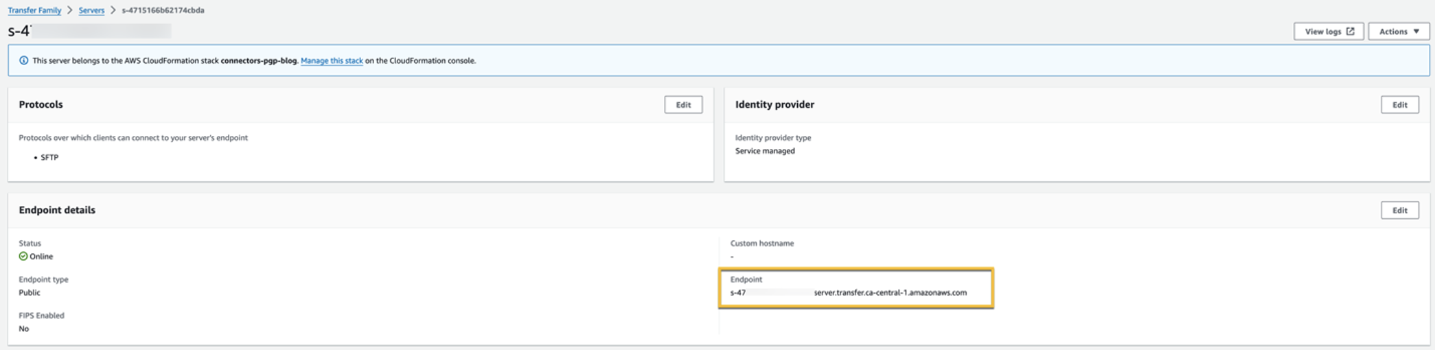 Figure 16: The following screenshot shows where to select the AWS Transfer Family endpoint value. 