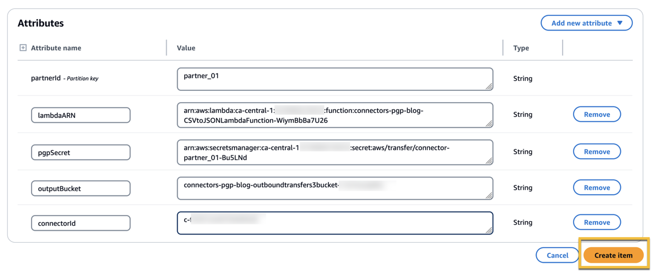 Figure 24: The following screenshot shows where to select the “Create item” button to update your Amazon DynamoDB table item with the correct attributes
