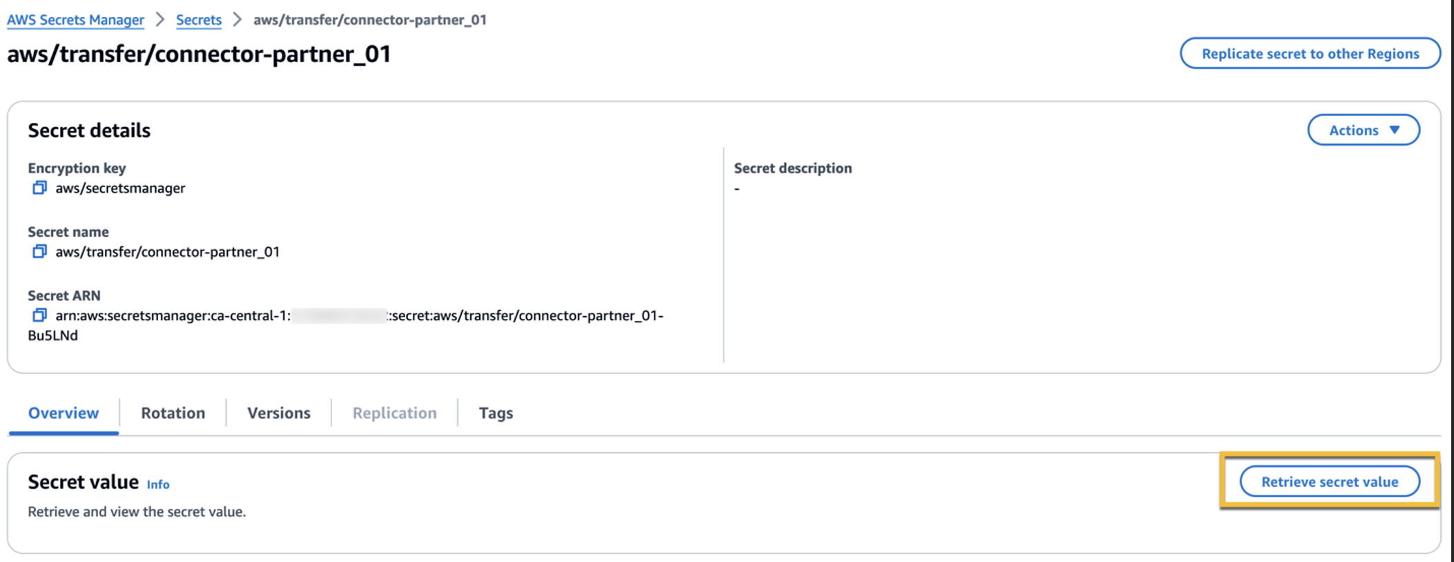 Figure 12: The following screenshot shows where to select the “Retrieve secret value” button in AWS Secrets Manager