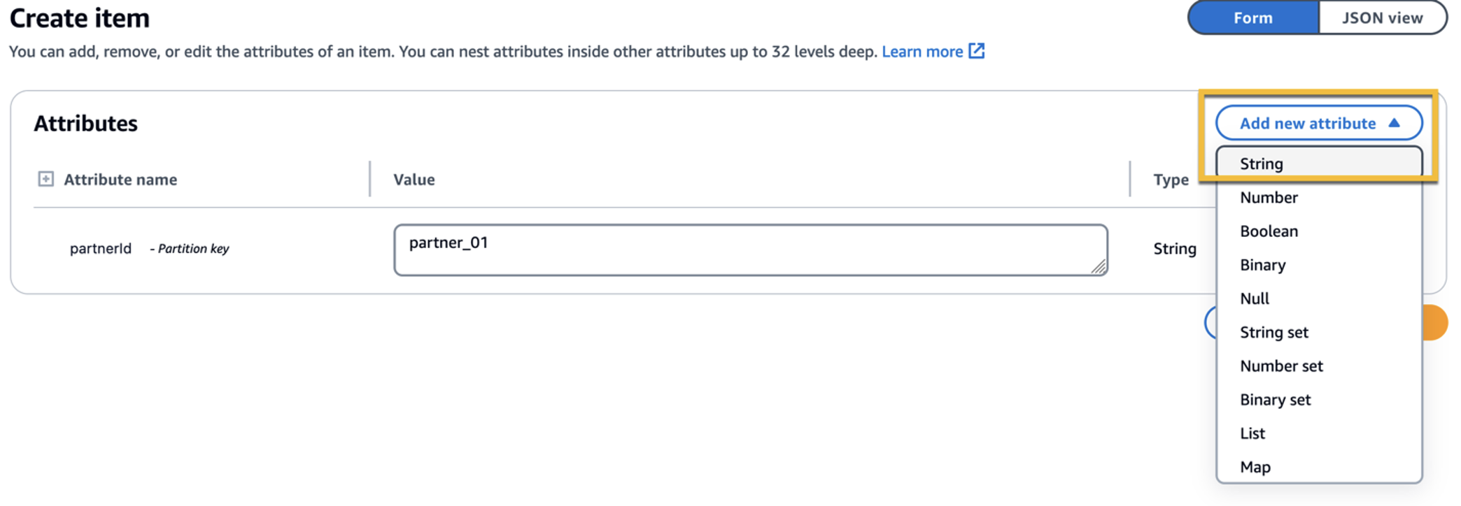 Figure 23: The following screenshot shows where to select to add new attributes to the Amazon DynamoDB table