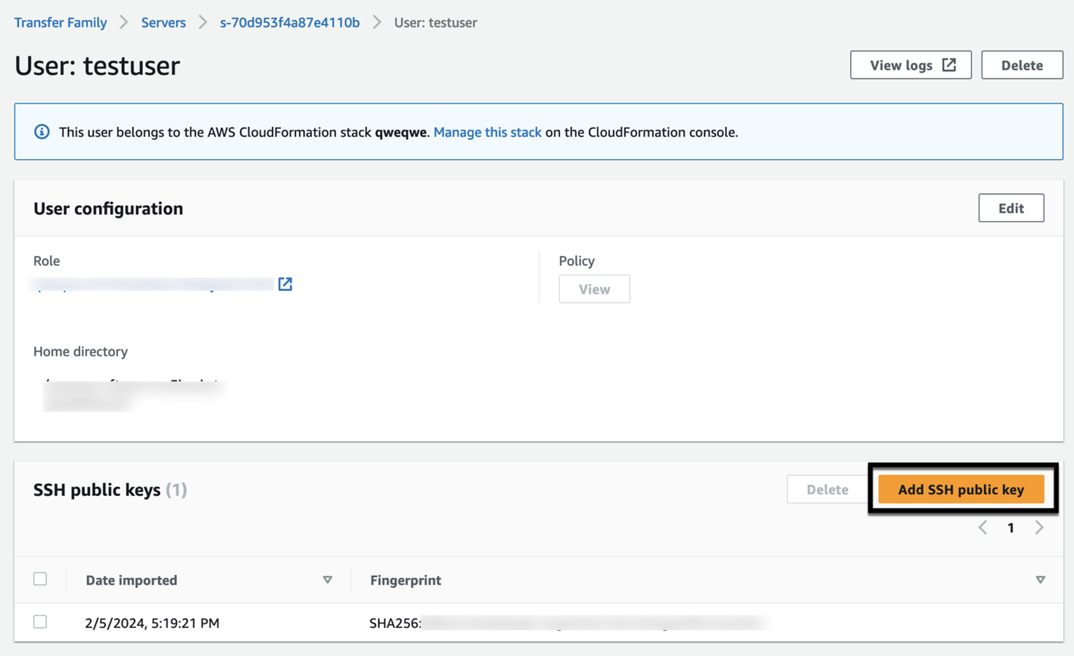 Figure 5: The following screenshot shows which button to select to add an SSH public key for your Transfer Family user