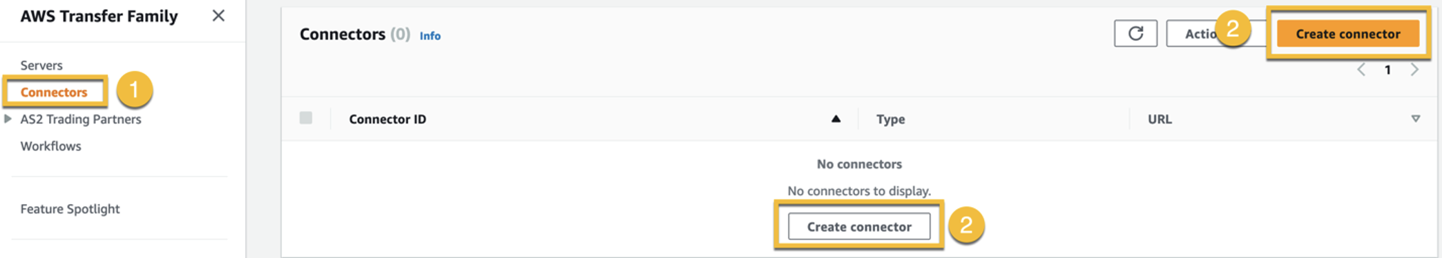 Figure 18: The following screenshot shows which buttons to select to create an AWS Transfer Family connector