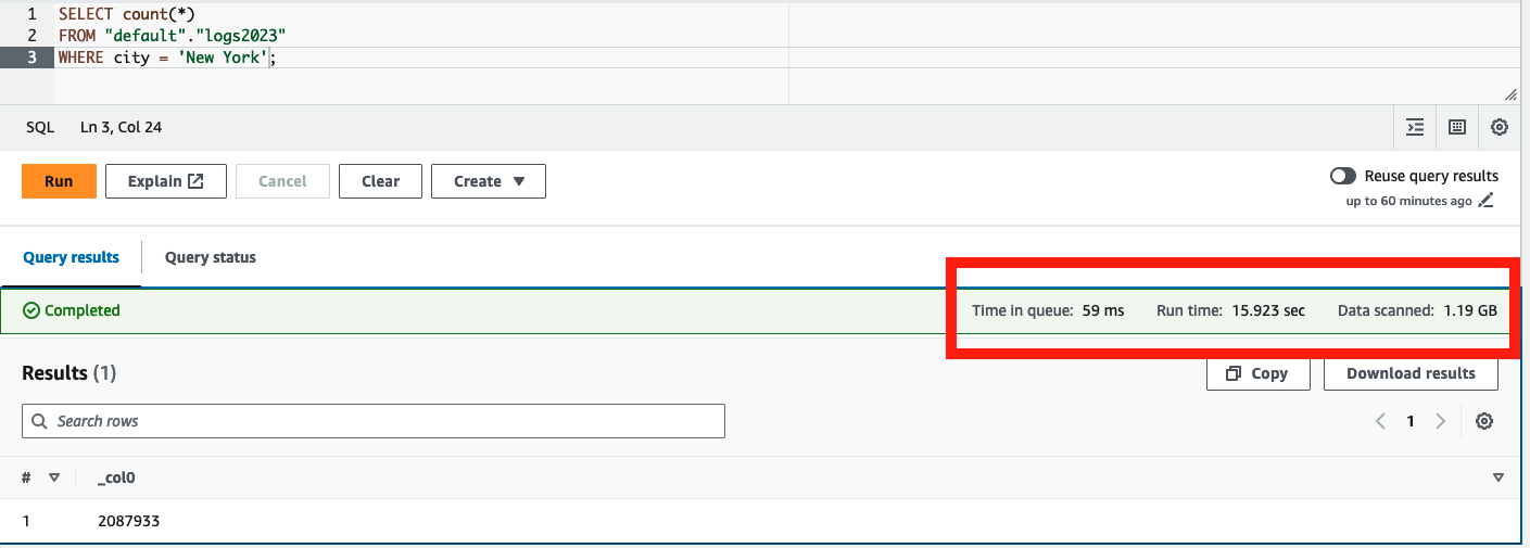 Raw data execution results
