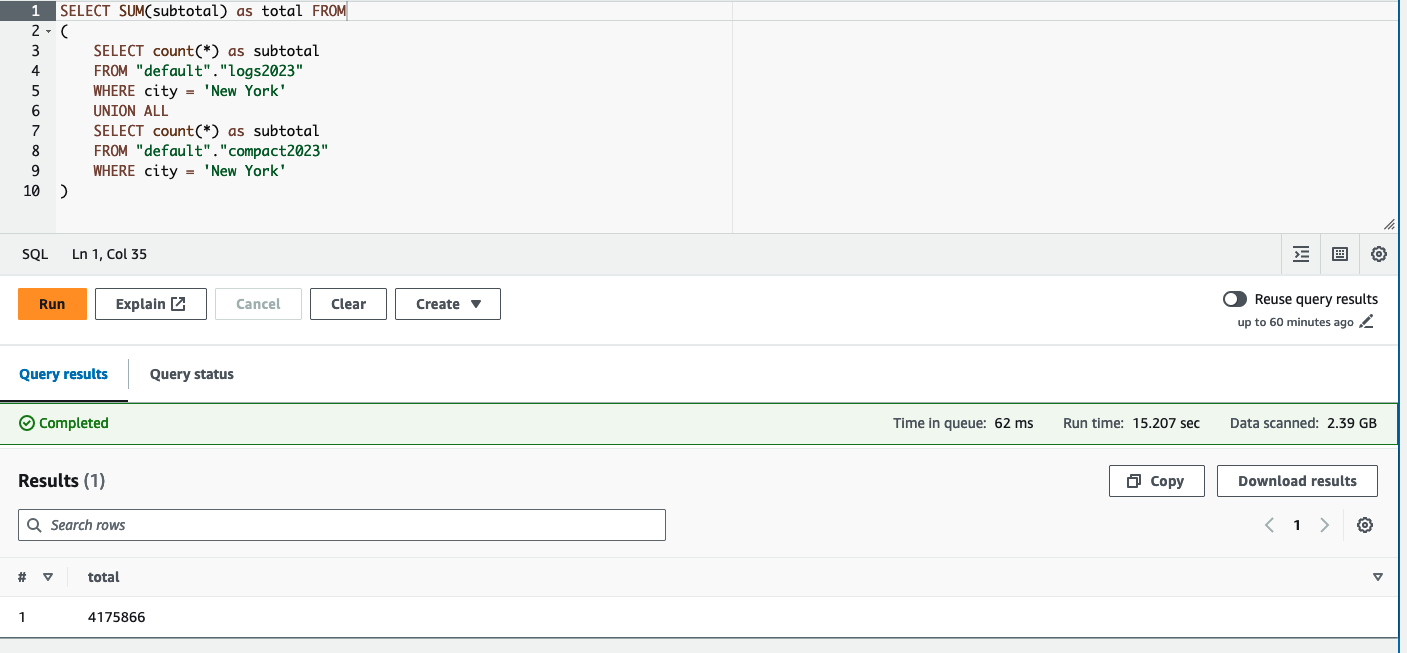 Union query combining raw and compacted data