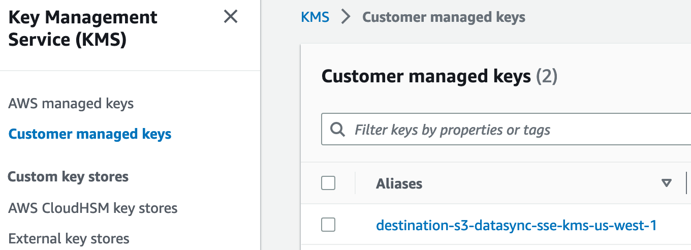 Figure 8: Provide name for inline policy 4. Update the KMS key policy in your destination AWS account and AWS Region for the destination S3 bucket This grants the DataSync destination IAM role in your source account access to the KMS key that is used with your destination S3 bucket. Allowing cross-account use of a customer managed KMS key requires updating the KMS key policy JSON instead of selecting from a list because the local account is not aware of IAM users or roles in a different account. 1. Log in to your destination account. a. In the AWS Console, navigate to AWS KMS/Customer managed keys. b. Choose the KMS key that you have configured for the destination S3 bucket. 