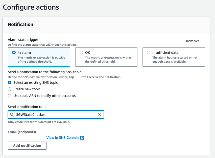 Configure Actions for CloudWatch alarm which is triggered upon breaching of threshold