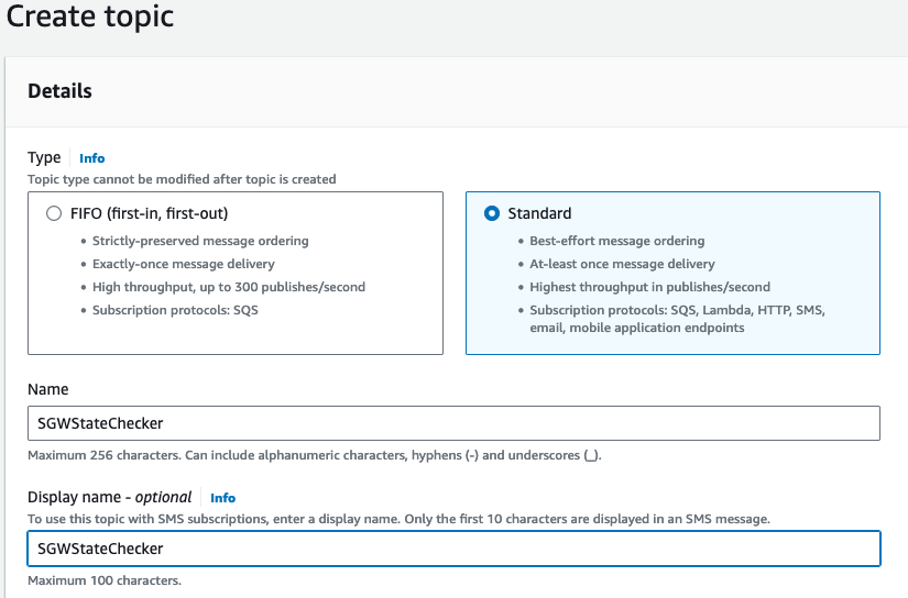 Creation of SNS Topic using Standard Type