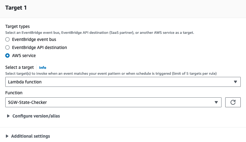Select Lambda function as Target in EventBridge rule