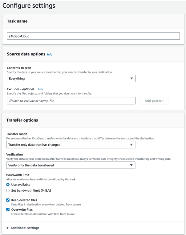 Figure 7. Name, Source data, and Transfer options for DataSync task