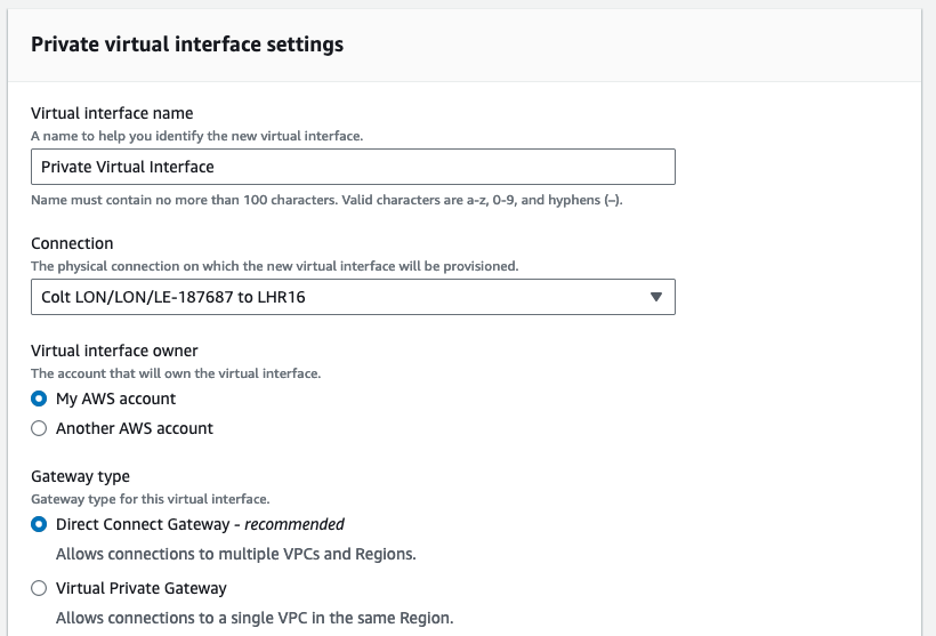 Figure 4- Direct Connect Private Virtual Interface Configuration