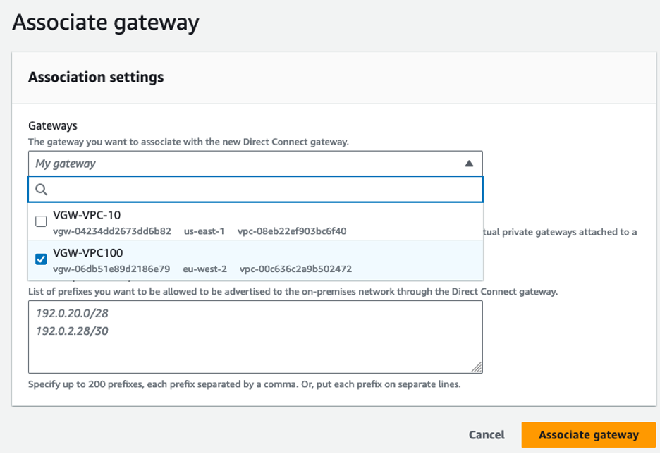 Figure 5- Associate Direct Connect Gateway with Private Virtual Gateway
