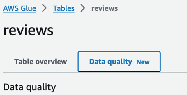 Navigate to the AWS Glue console and select Data Catalog tables in the sidebar. Select the reviews table and go to the Data quality tab