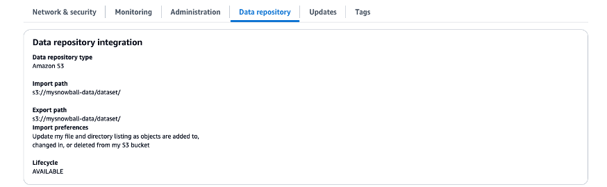 screenshot of the AWS Console for FSx for Lustre file system with S3 as the data repository