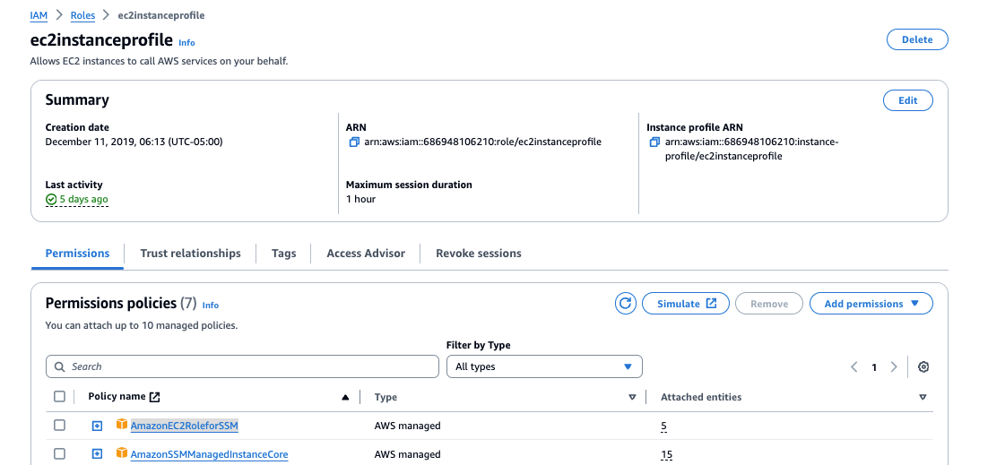 Figure 2.7 Showing the instance profile IAM permissions