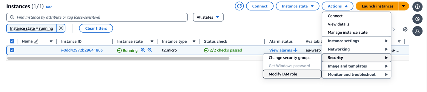 Figure 2.8: Showing how to navigate to Modify IAM role