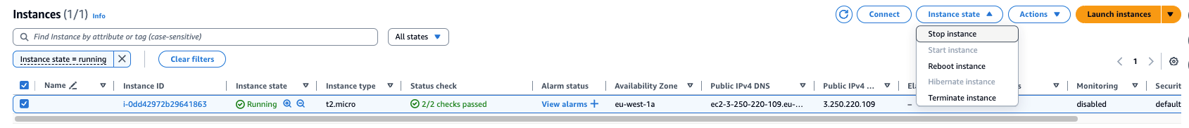 Figure 2.16: Showing how to stop the newly created instance