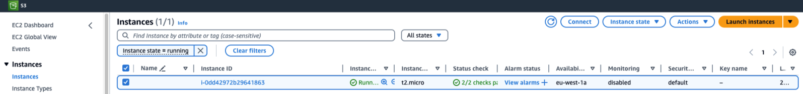 Figure 1.2: Showing newly created instance with no key pair