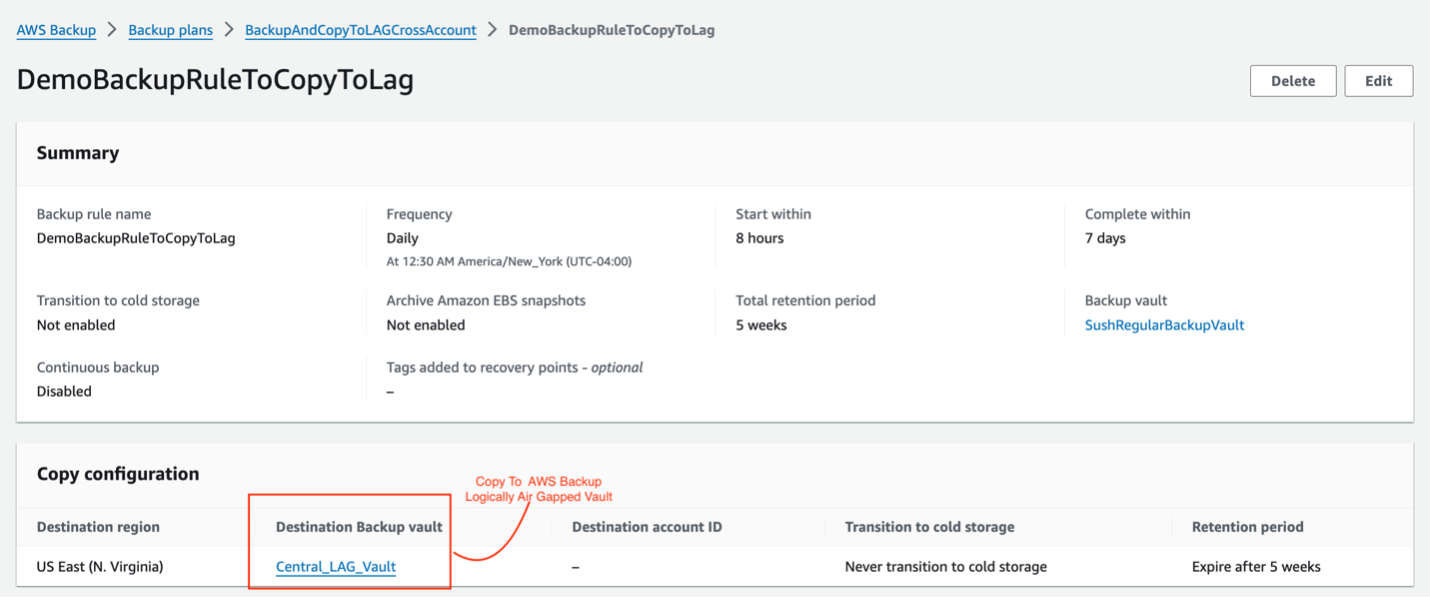 AWS Backup console backup rule page, with the copy configuration section showing logically air-gapped vault named ‘Central_LAG_Vault’ outlined in red as the destination backup vault. There is also a red text comment indicating that rule defines that the current vault will be copied to the logically air gapped vault named ‘Central_LAG_Vault’