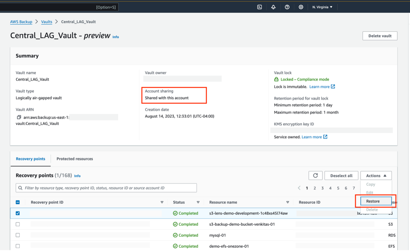AWS Backup console vault page showing a detailed view of a logically air-gapped vault named ‘Central_LAG_Vault’. It has a summary section wihich provides more details, and the Account sharing label is outlined indicating that this logically air-gapped vault is currently being shared with this AWS account ’. There is another section in this page which has ‘Recovery points’ tab selected that is showing a list of recovery points. One recovery point is selected, and the restore button under actions button is outlined, indicating that the selected recovery point can be restored.