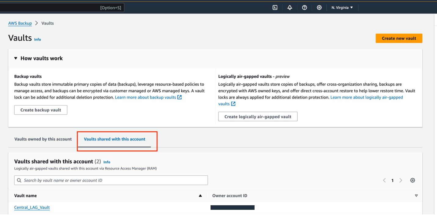 AWS Backup console vault page, with the tab named ‘Vaults shared with this account’ as the selected tab. This selected tab has one vault named ‘Central_LAG_Vault’ that is shared with this AWS account.