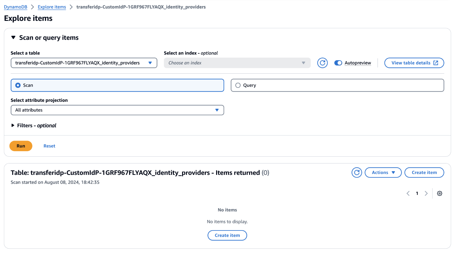 Figure 3- DynamoDB table for the custom IdP