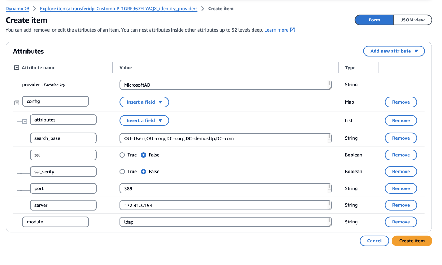 Figure 4: Creating the IdP record in DynamoDB
