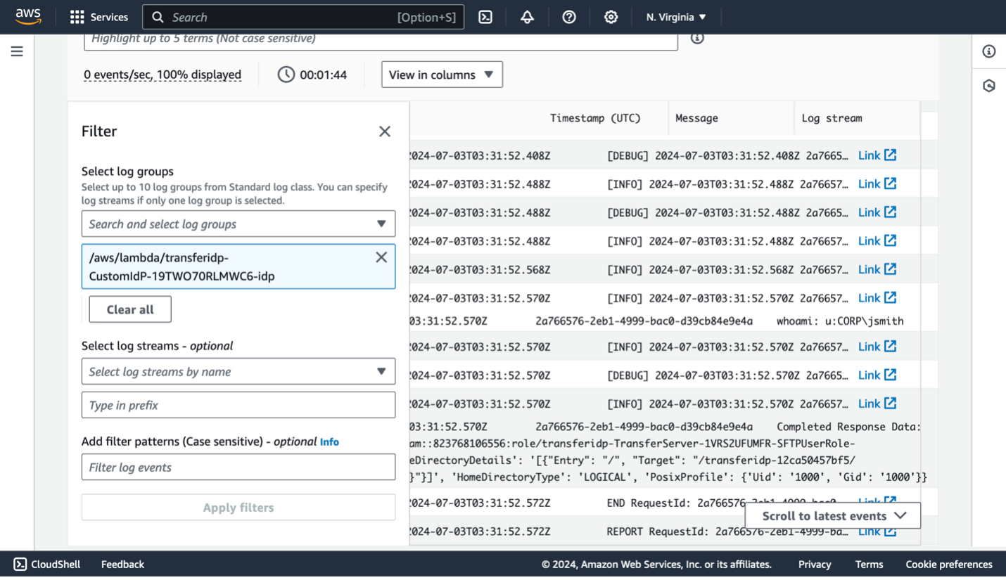 Figure 8: Viewing the provider logs in CloudWatch