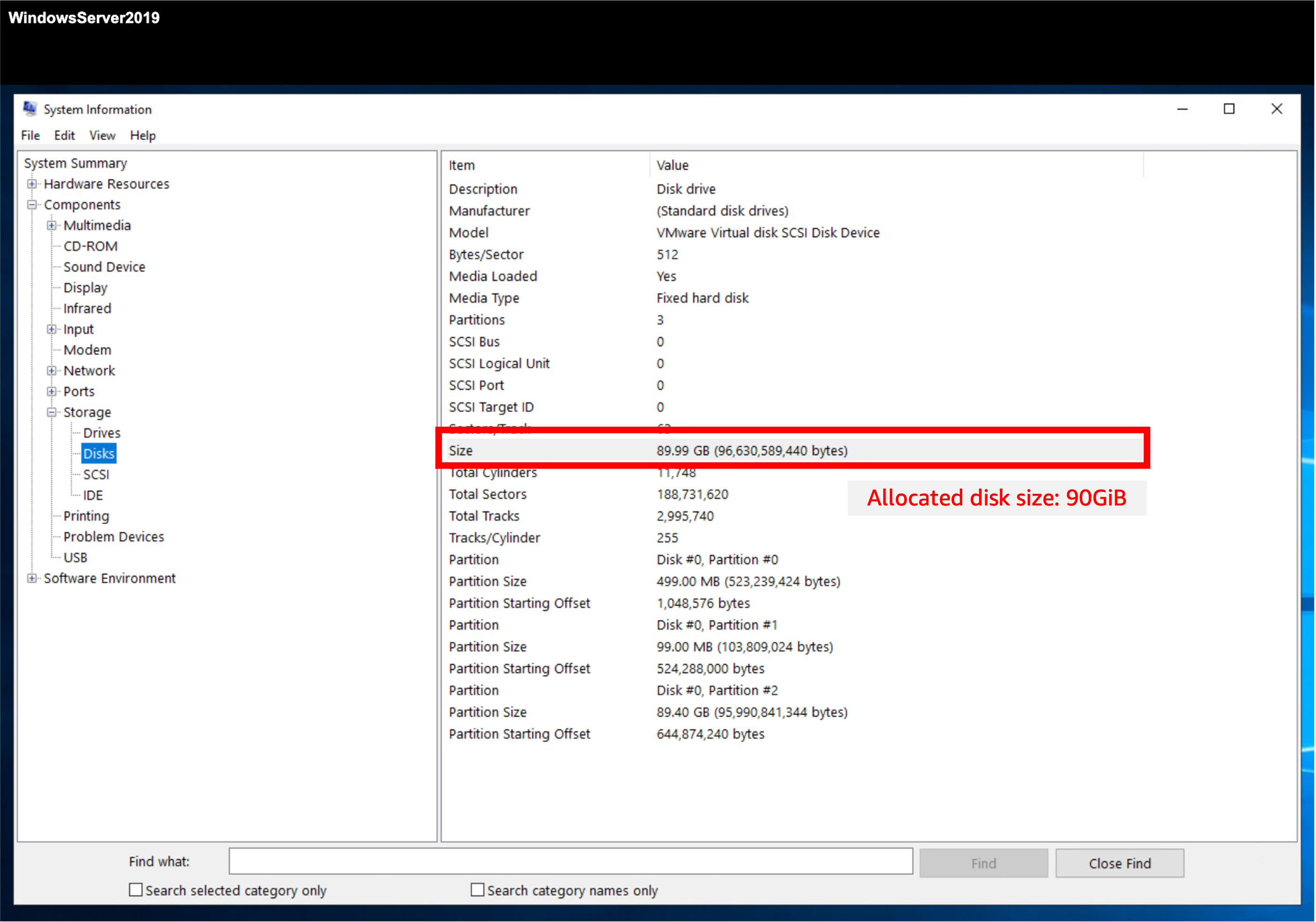 2. The size of the allocated disk as recognized by the Windows OS
