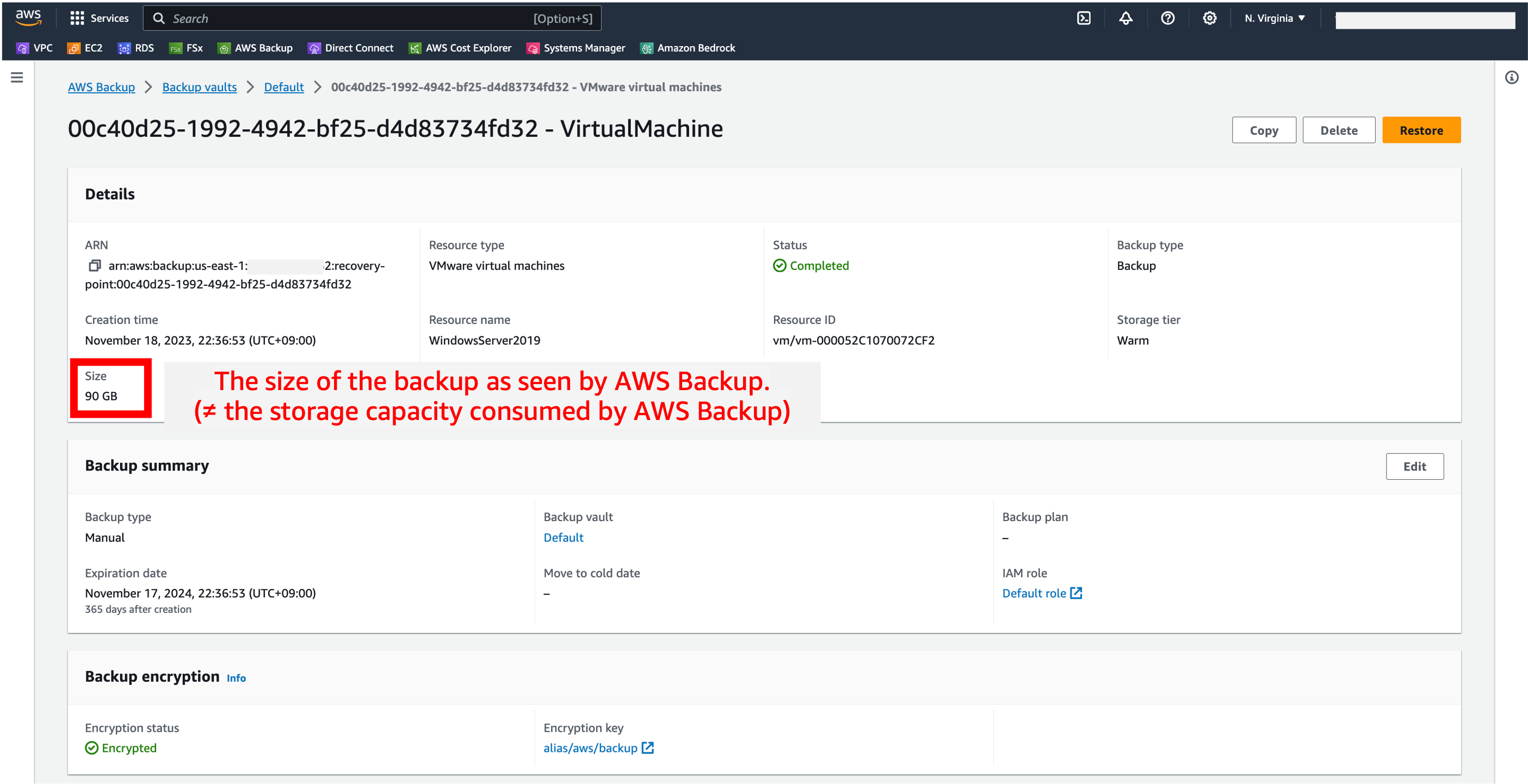 3. Backup information in AWS Management Console