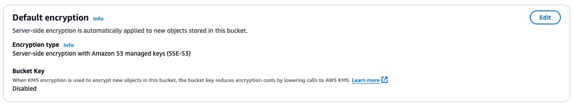 Screenshot showing Server-side encryption with Amazon S3 managed keys is enabled by default on the S3 bucket