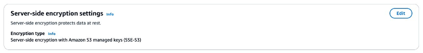 Screenshot showing Server-side encryption with Amazon S3 managed keys is enabled by default on the S3 object