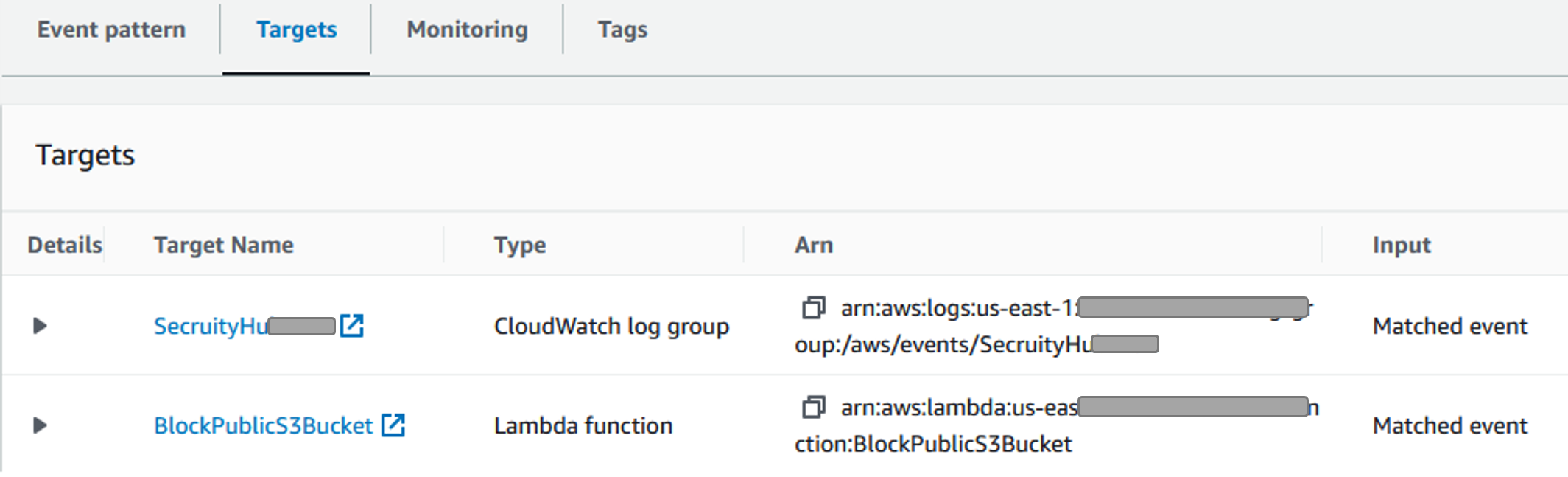 Amazon EventBridge rule targets - AWS Lambda function and Amazon CloudWatch log group