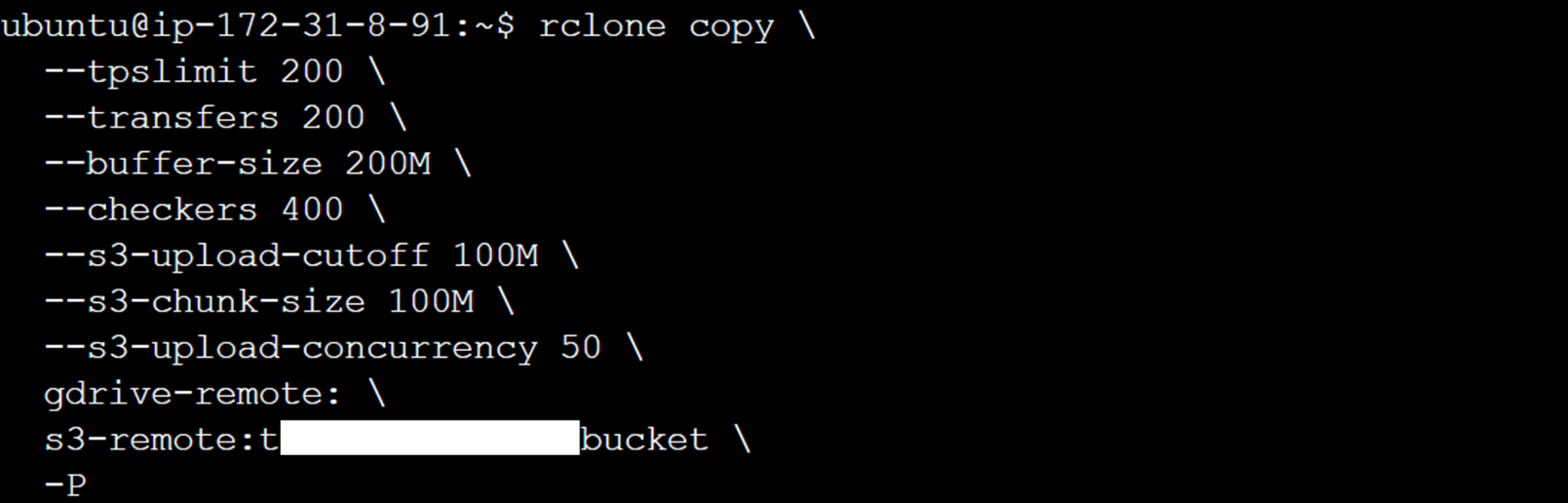 Figure 10.1. Rclone copy command with the flags to copy the data from Google Drive to the S3 bucket