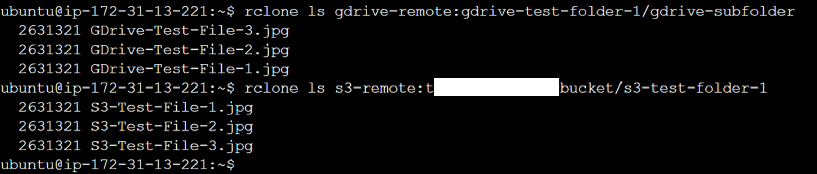 Figure 9. Listing objects within specified paths from remotes using Rclone list command