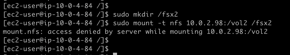 Figure 11: Screenshot showing a team three client is denied access to mount team two’s volume using NFS