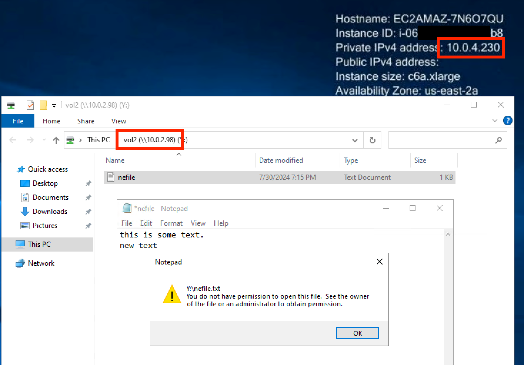 Figure 12: Screenshot showing team three client is allowed to read, but blocked from writing data, to team two’s volume when using the SMB protocol