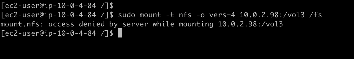Figure 15: Screenshot showing team three is denied access to their own volume when mounting over NFSv4