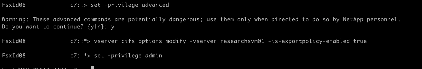 Figure: 4 Screenshot of the CLI commands enabling export policies for SMB clients