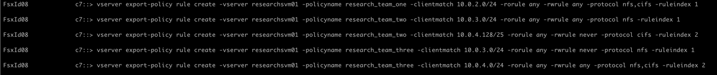 Figure 6: Screenshot of the CLI command for creating an export policy rule
