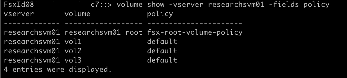Figure 7:Screenshot of the CLI showing output of the “volume show policy” command