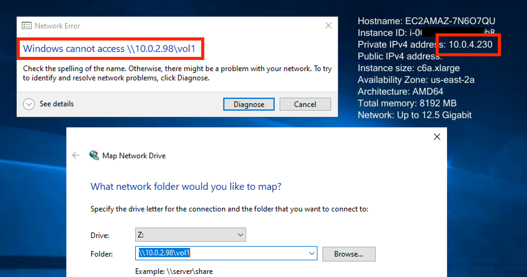 Figure 9: Screenshot showing team three is blocked from SMB access to team one’s volume