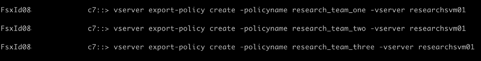Figure: 5 Screenshot of the CLI command for creating an export policy