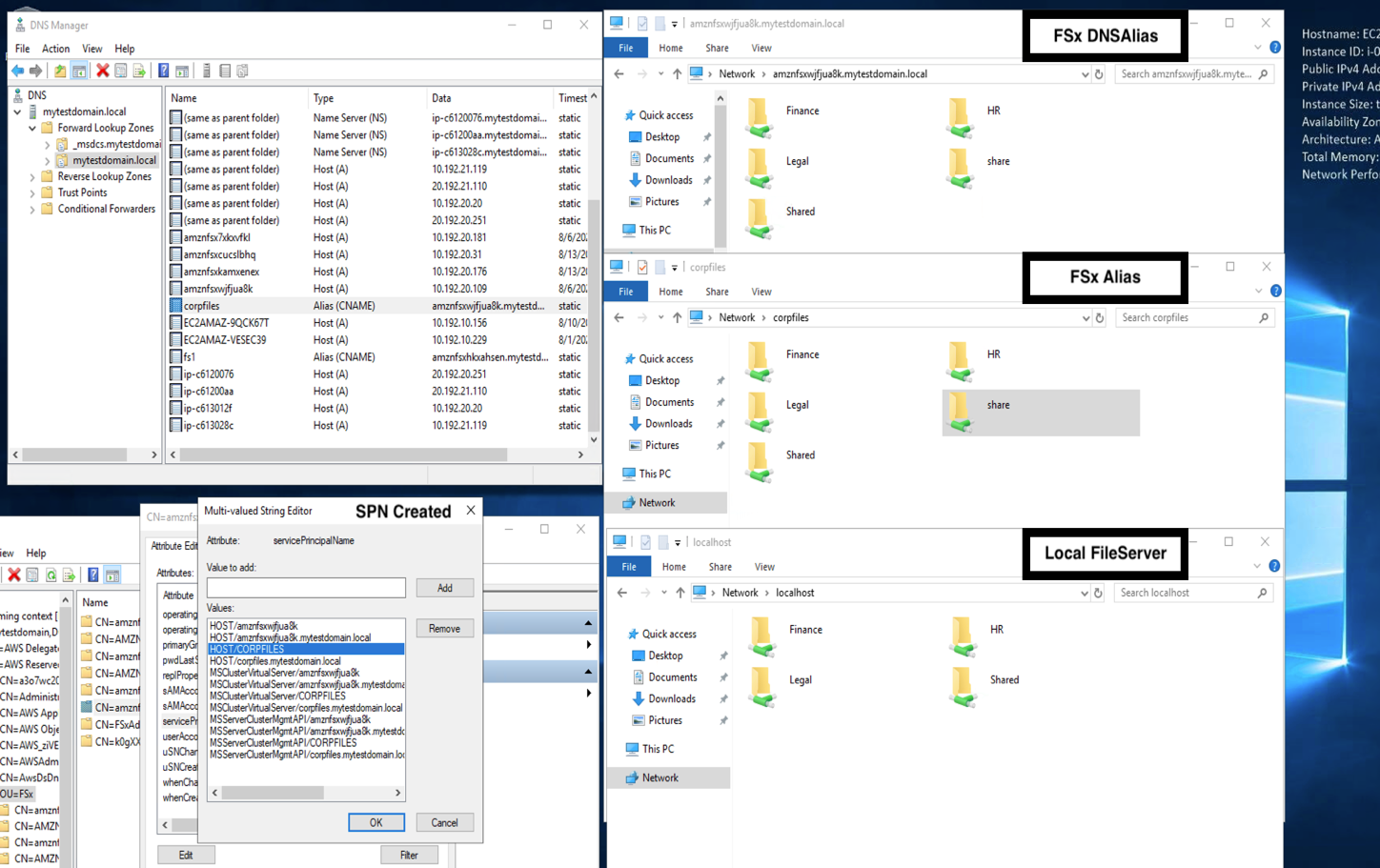 Figure 15: DNS Console Showing CNAME Record & File Explorer Window Of Migrated Share Folders 