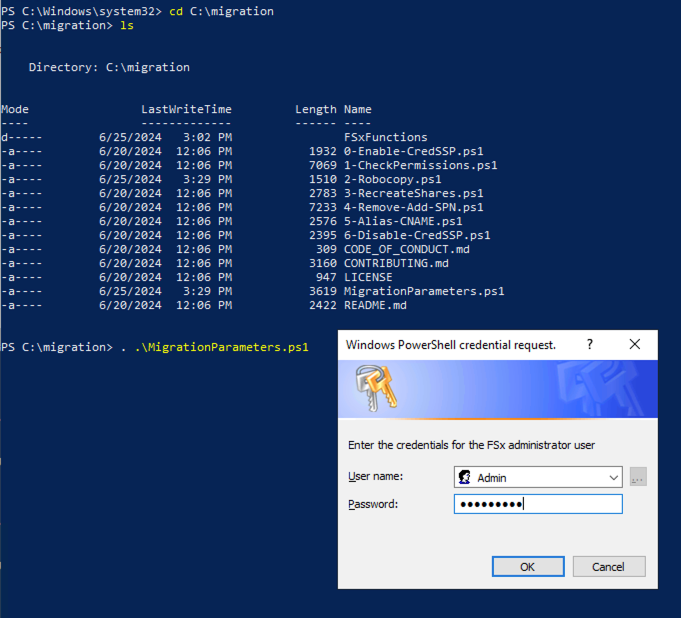 Figure 2 MigrationParameters.ps1 Prompting for FSx Administrator Credentials