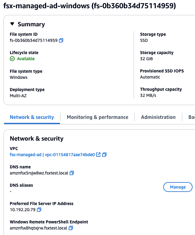 Figure 4: Example of DNS Name and PowerShell Endpoint in AWS FSx for Windows Console