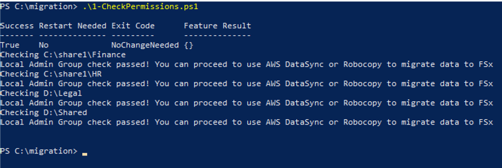 Figure 6: 1-CheckPermissions.ps1 Output Showing No Problems With File System Permissions