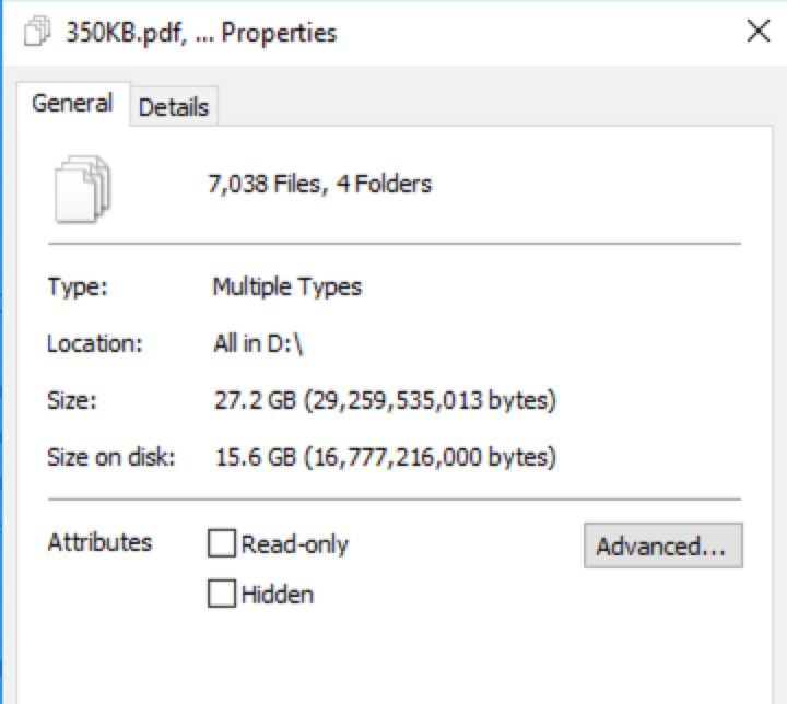 Figure 9: Properties Of Folder Size On Disk Showing Raw vs Dedup Data Size 
